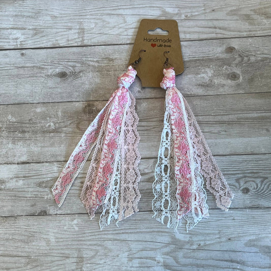 Lace Tassel Earrings Floral Pink and White