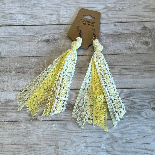 Lace Tassel Earrings Floral Yellow and White