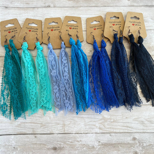 Lace Tassel Earrings Solid Colors Blues