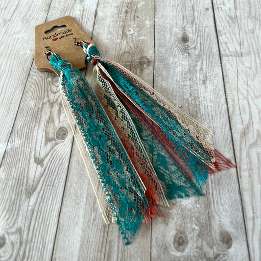 Western Blend Lace Tassel Earrings Teal, Rust, Cream