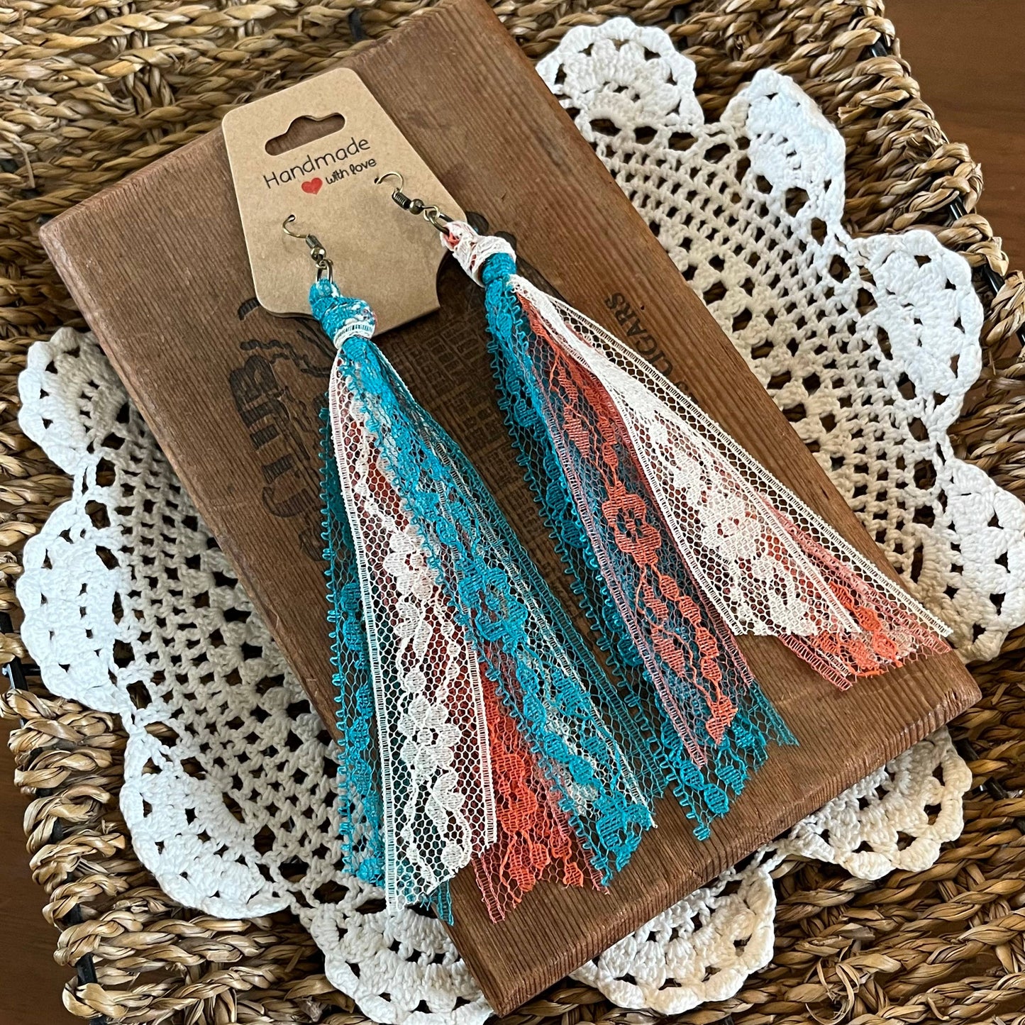 Western Blend Lace Tassel Earrings Teal, Rust, Cream