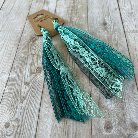 Teal Blend Lace Tassel Earrings