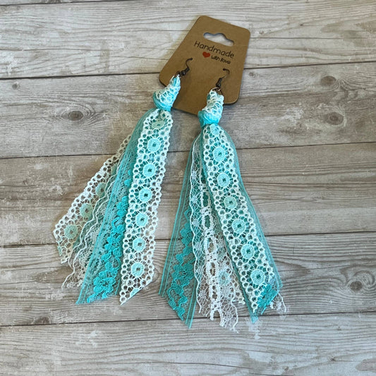 Lace Tassel Earrings Aqua and White