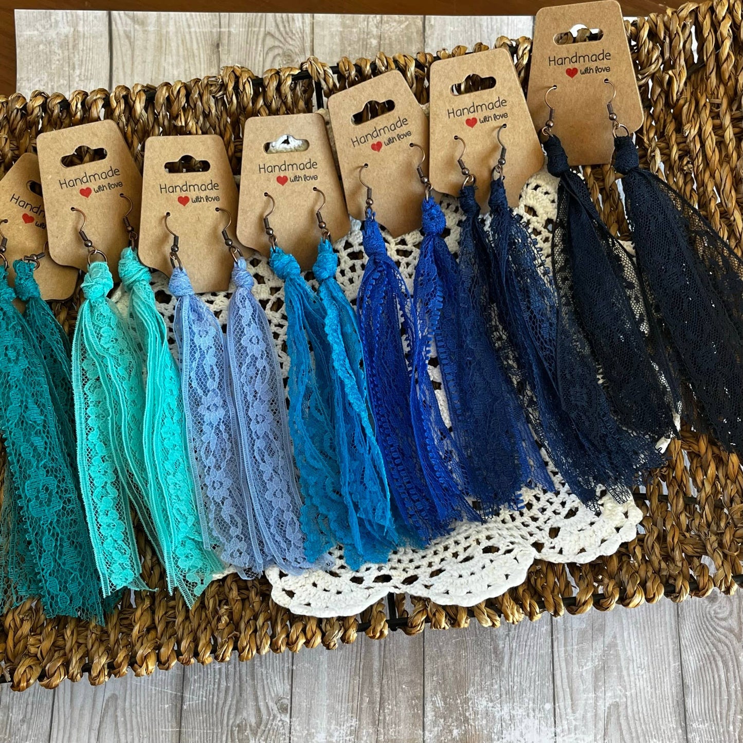 Lace Tassel Earrings Solid Colors Blues