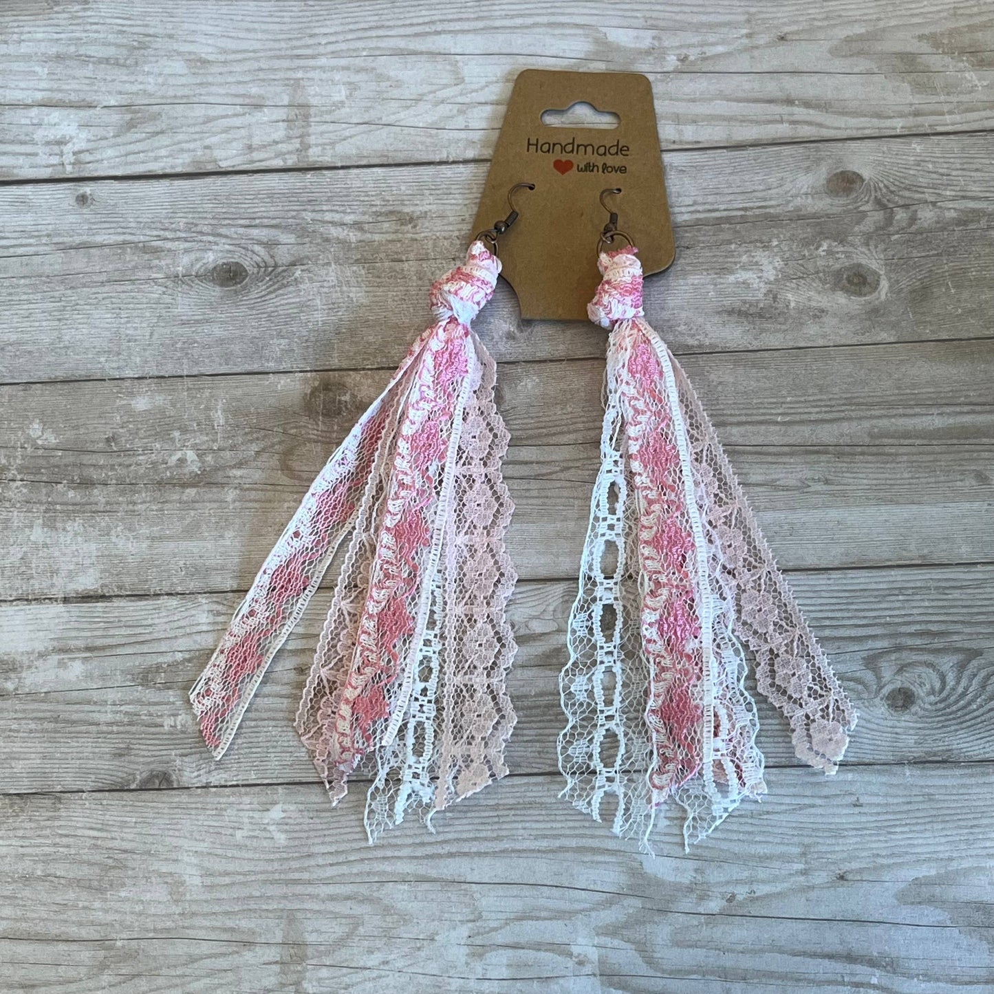 Lace Tassel Earrings Floral Pink and White